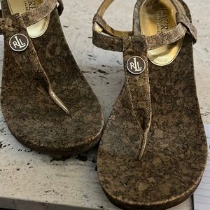 Ralph Lauren, cork wedge sandals. Open toe sandals, with chic, ankle strap.